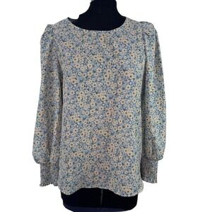 NWT Women S Boho Floral Chiffon Blouse Smocked Long Sleeve Blue White Top Spring